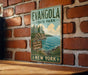 A vintage-style metal sign for Evangola State Park in New York, featuring a scenic landscape with a lake, cliffs, and pine trees.