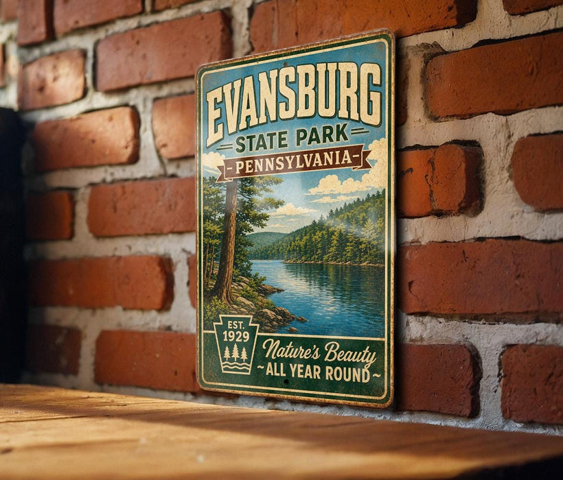 A vintage-style metal sign for Evansburg State Park in Pennsylvania, featuring a scenic landscape with a lake and trees.