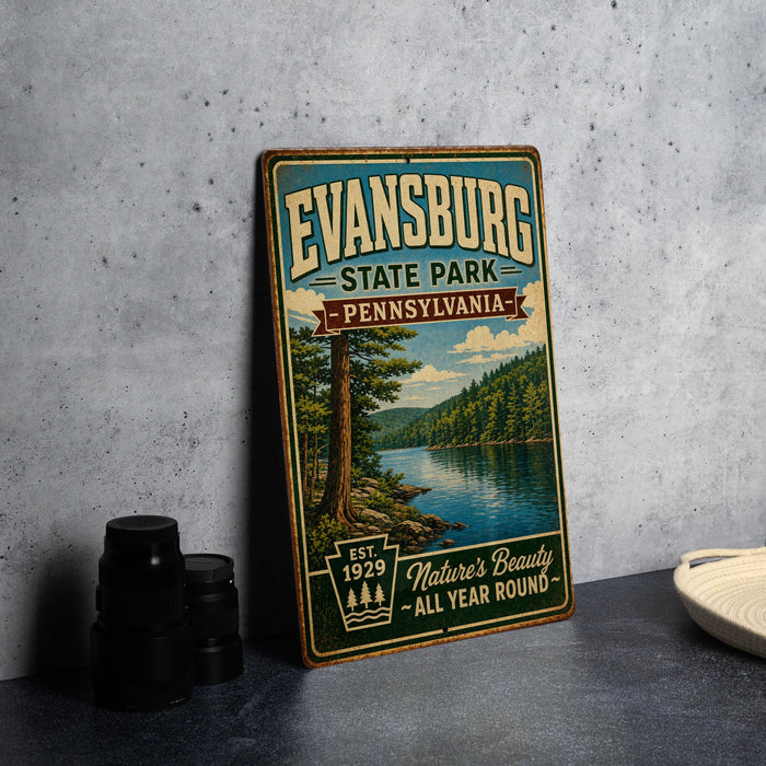 A vintage-style metal sign for Evansburg State Park in Pennsylvania, featuring a scenic image of a forest and a lake.