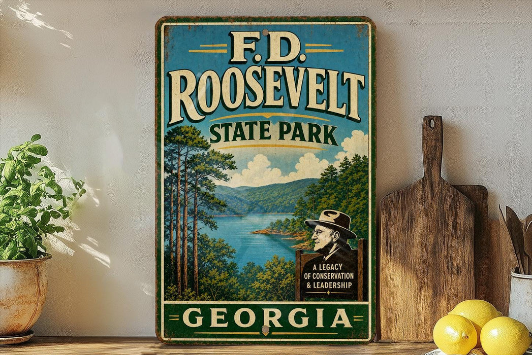 a vintage-style sign for F.D. Roosevelt State Park in Georgia, with a scenic landscape of trees, water, and mountains in the background.