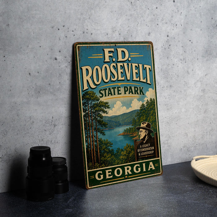 A vintage metal sign for F.D. Roosevelt State Park in Georgia, featuring an illustration of a scenic landscape with a lake and mountains.