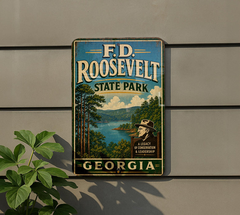 A vintage-style sign for F.D. Roosevelt State Park in Georgia, featuring a scenic landscape with a lake and mountains.