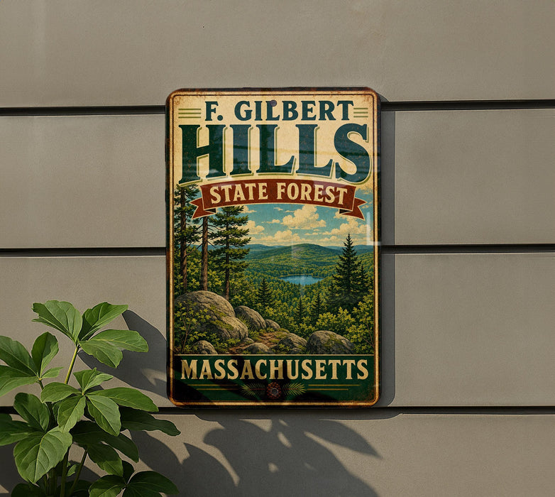 A vintage-style metal sign for F. Gilbert Hills State Forest in Massachusetts, featuring a scenic landscape with pine trees, rocks, and a lake.