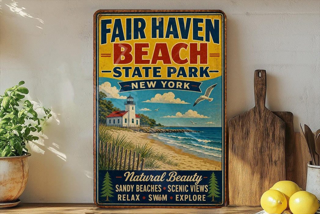 a vintage-style sign for "Fair Haven Beach State Park New York", with a beach scene and lighthouse illustration.