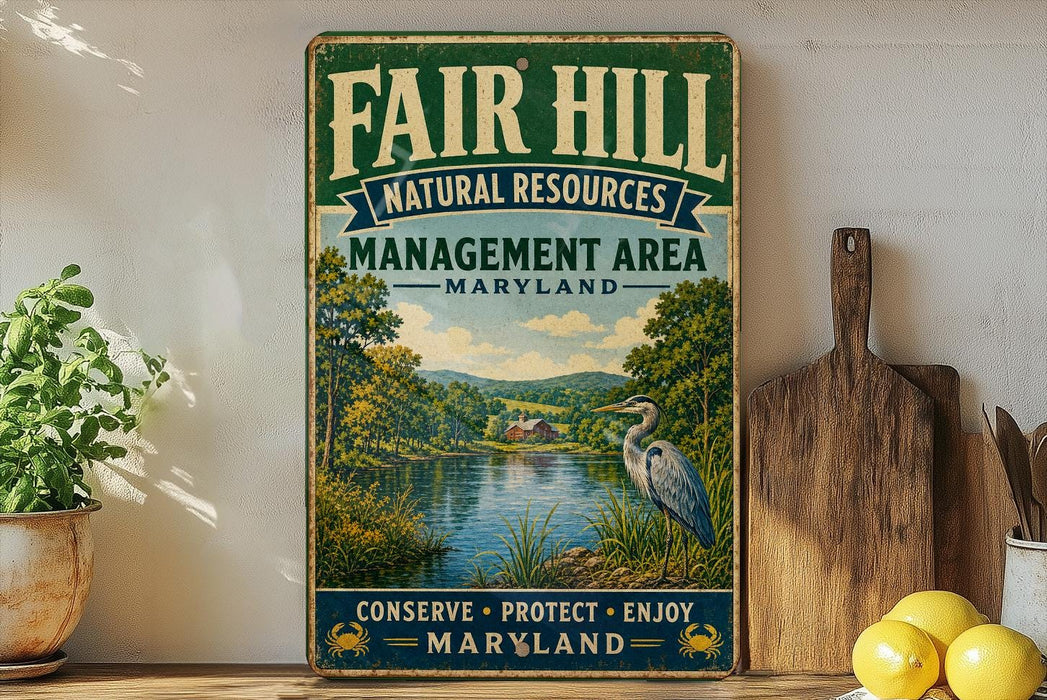 a vintage-style sign for the "Fair Hill Natural Resources Management Area" in Maryland, with a scenic illustration of a lake, trees, and a bird. The sign also includes the text "Conserve, Protect, Enjoy" and " Maryland" at the bottom.