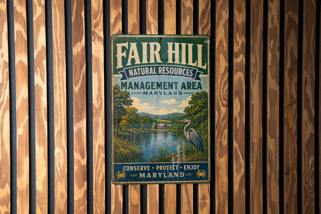 a vintage metal sign with a scenic landscape, mounted on a wooden wall.