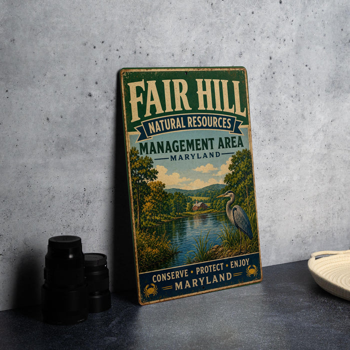 a vintage metal sign with a scenic landscape, including a lake and a bird, placed on a countertop next to some black camera lenses.