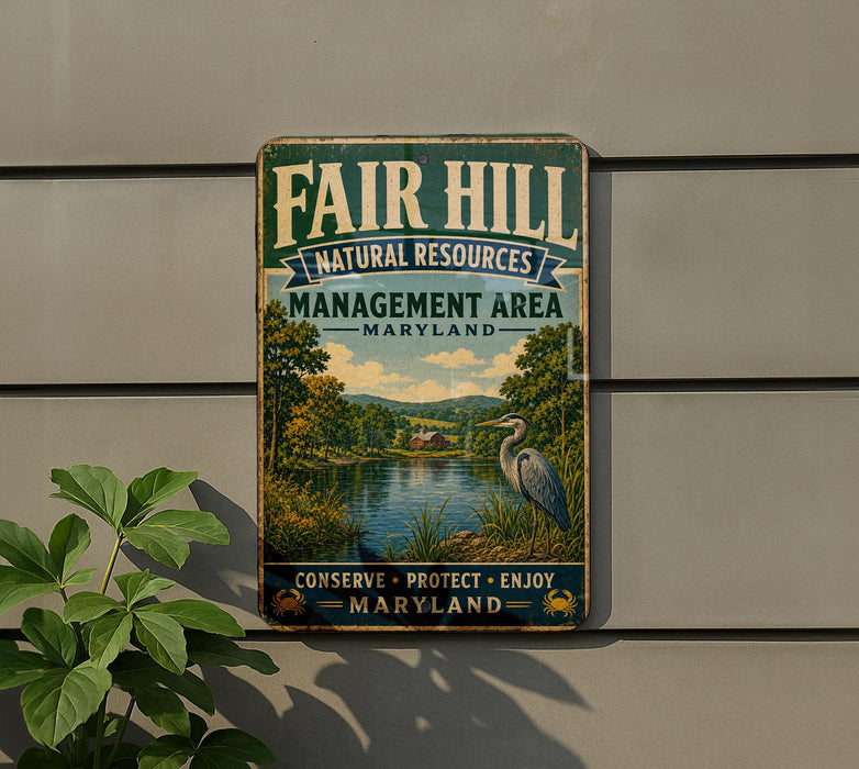 a vintage metal sign with a scenic landscape, including a lake, trees, and a bird, mounted on a wall.