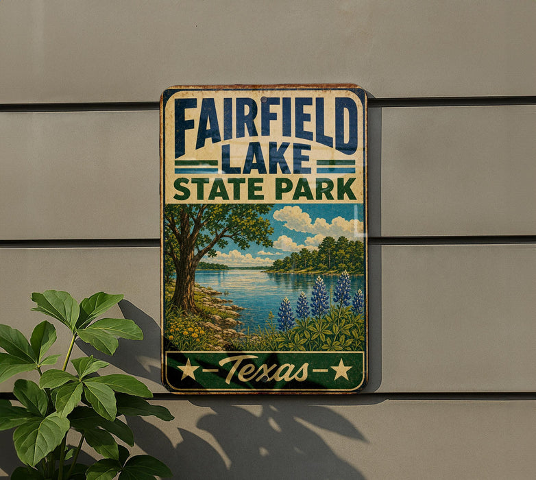 A metal sign with the text "FAIRFIELD LAKE STATE PARK" and a scenic illustration of a lake surrounded by trees and mountains.