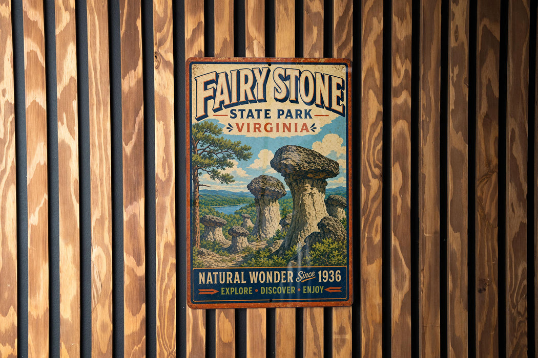 A vintage-style metal sign for Fairy Stone State Park, Virginia, featuring a scenic illustration of rock formations and a river.