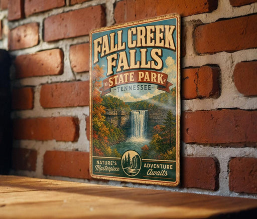 A vintage-style metal sign for Fall Creek Falls State Park in Tennessee, featuring a waterfall and autumn foliage, is displayed on a brick wall.