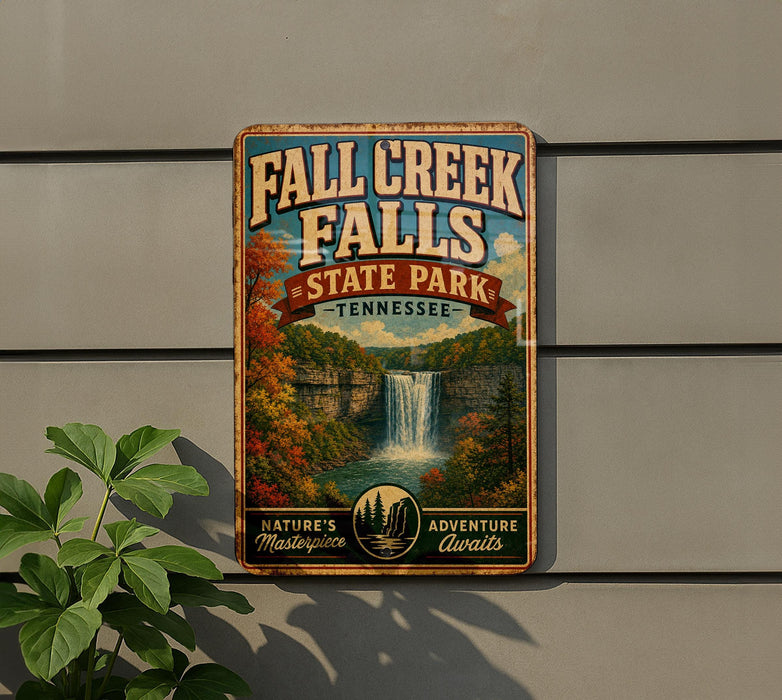 A vintage-style sign for Fall Creek Falls State Park in Tennessee, featuring a scenic waterfall surrounded by autumn foliage.