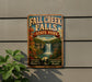 A vintage-style sign for Fall Creek Falls State Park in Tennessee, featuring a scenic waterfall surrounded by autumn foliage.