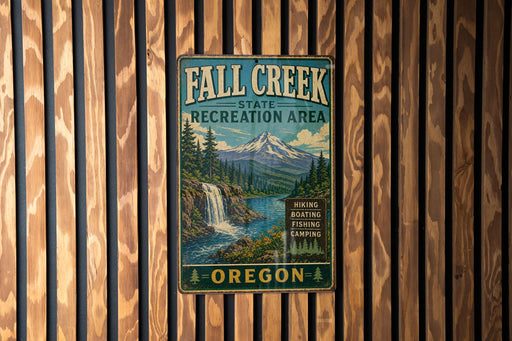 A vintage metal sign for the Fall Creek State Recreation Area in Oregon, featuring a scenic mountain landscape with a waterfall.