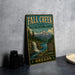 a vintage-style metal sign for the Fall Creek State Recreation Area in Oregon, with a mountain landscape and waterfall depicted on the sign.