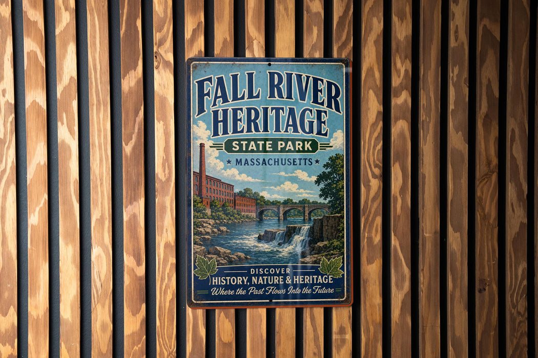 a vintage metal sign for Fall River Heritage State Park in Massachusetts, with a scenic illustration of a waterfall and a bridge.