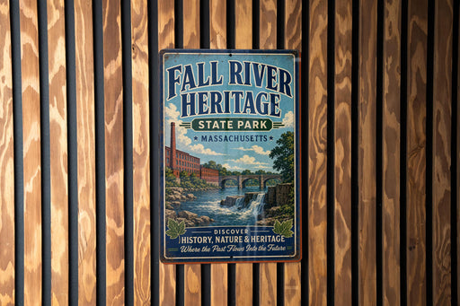 a vintage metal sign for Fall River Heritage State Park in Massachusetts, with a scenic illustration of a waterfall and a bridge.