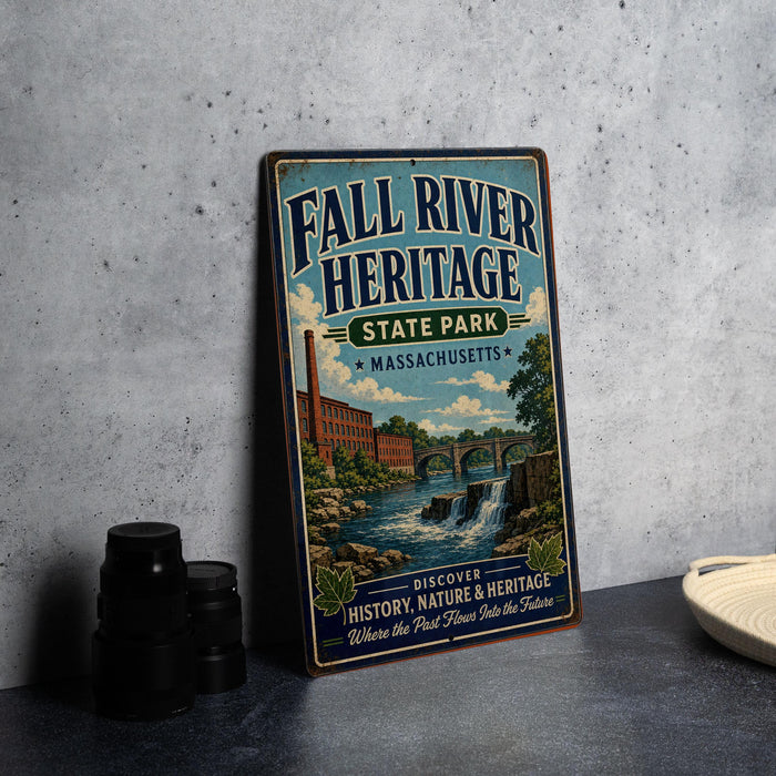 a vintage metal sign for Fall River Heritage State Park in Massachusetts, with a scenic illustration of a river and buildings.