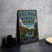 a vintage metal sign for Fall River Heritage State Park in Massachusetts, with a scenic illustration of a river and buildings.