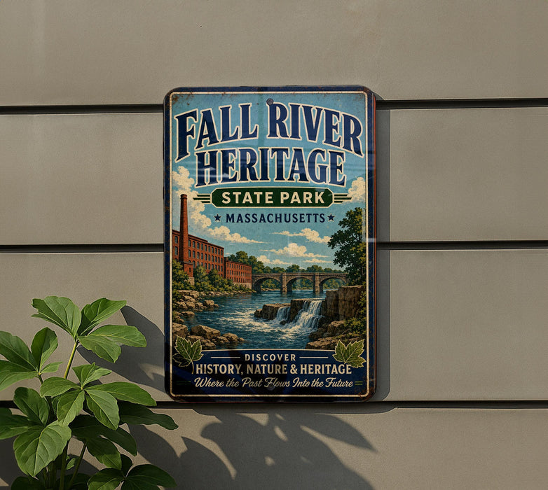 a vintage-style sign for Fall River Heritage State Park in Massachusetts, with a scenic illustration of a waterfall and a bridge.