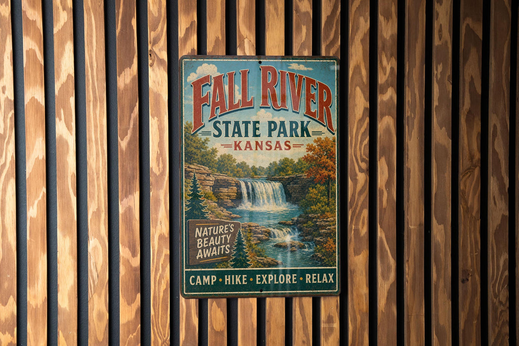 A vintage metal sign for Fall River State Park in Kansas, featuring a scenic image of a waterfall surrounded by trees.
