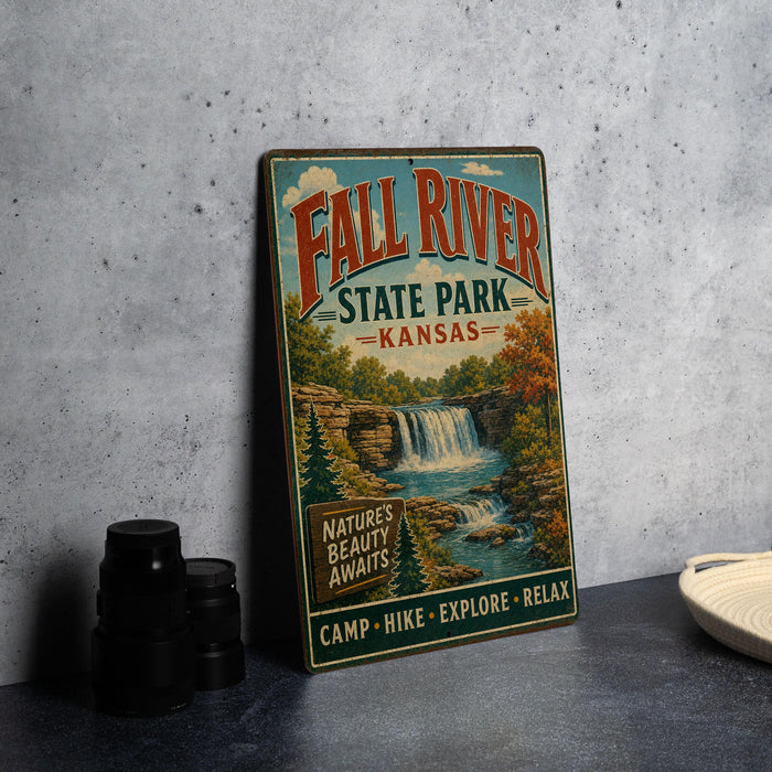 A vintage metal sign for Fall River State Park in Kansas, featuring a scenic waterfall and lush greenery, is displayed on a gray concrete surface.