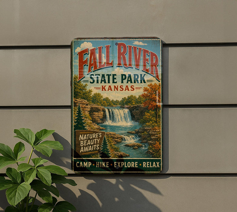 a vintage-style sign for Fall River State Park in Kansas, advertising the park's natural beauty and outdoor activities.