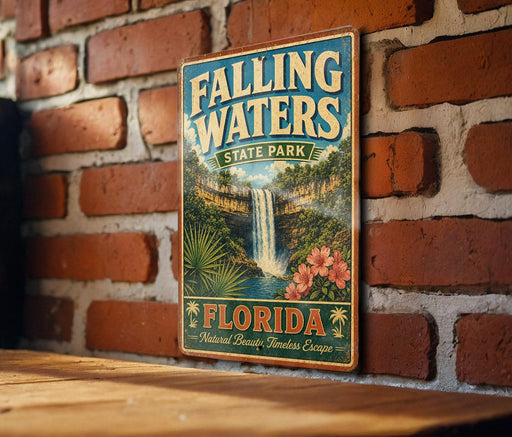 A vintage-style sign for Falling Waters State Park in Florida, featuring a waterfall and tropical foliage, is displayed on a brick wall.