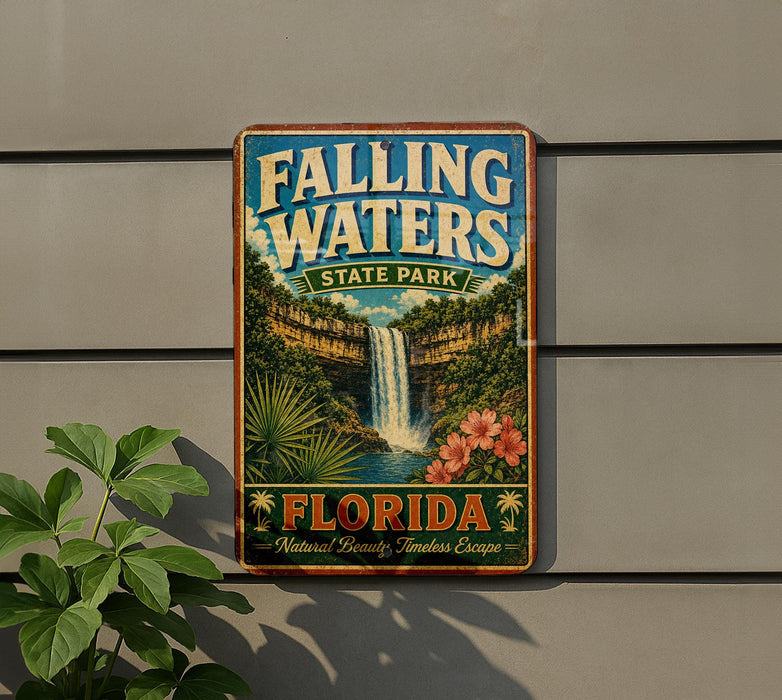 A vintage-style metal sign for Falling Waters State Park in Florida, featuring a waterfall and tropical foliage.