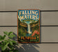 A vintage-style metal sign for Falling Waters State Park in Florida, featuring a waterfall and tropical foliage.