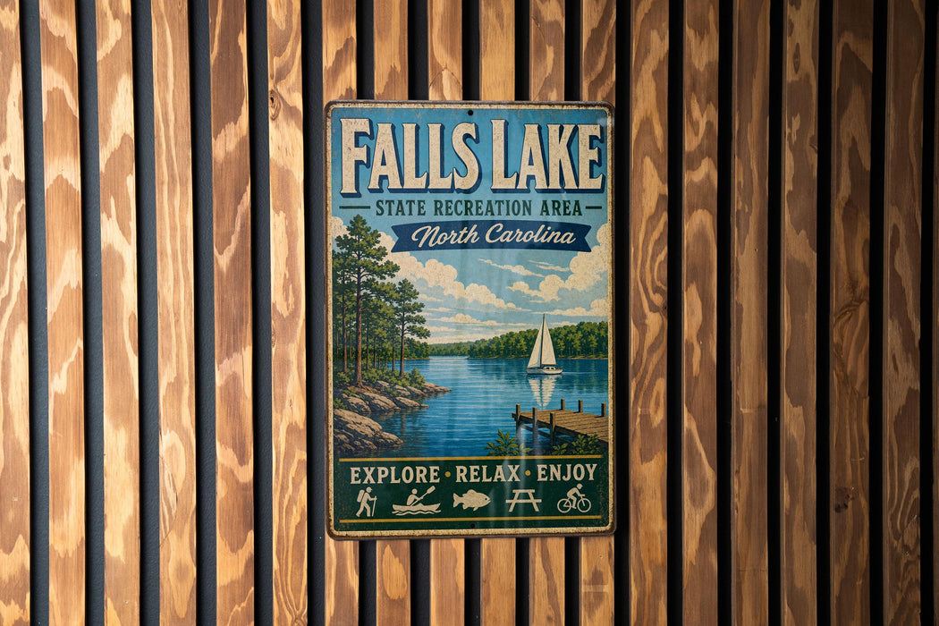 A vintage metal sign for Falls Lake, North Carolina, featuring a scenic illustration of the lake and surrounding landscape.