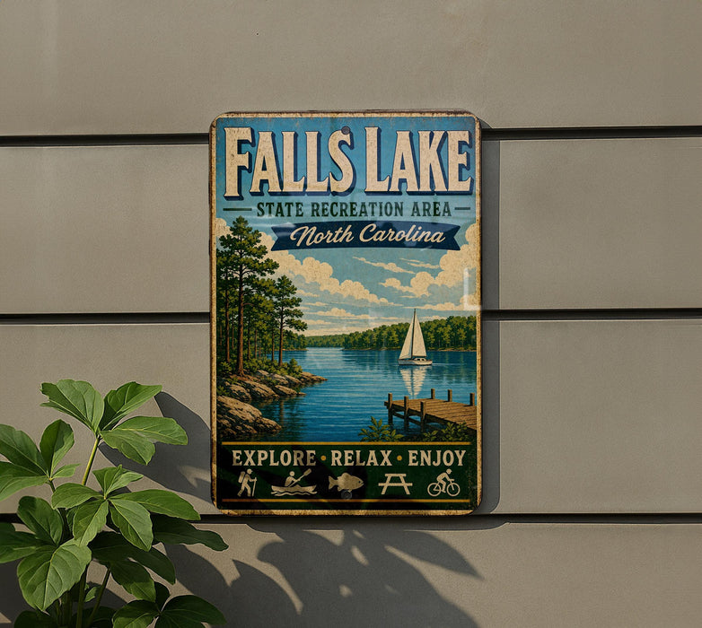 A vintage-style sign for Falls Lake, North Carolina, featuring a scenic illustration of a lake, trees, and a sailboat.