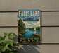 A vintage-style sign for Falls Lake, North Carolina, featuring a scenic illustration of a lake, trees, and a sailboat.