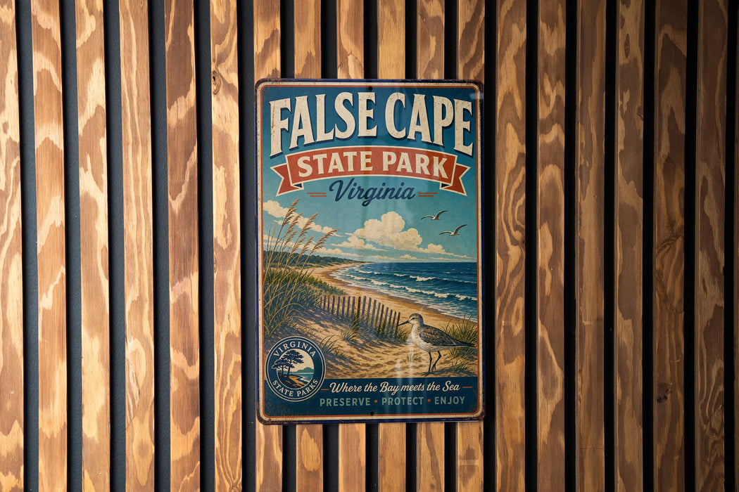 a vintage-style metal sign for False Cape State Park, Virginia, mounted on a wooden wall.