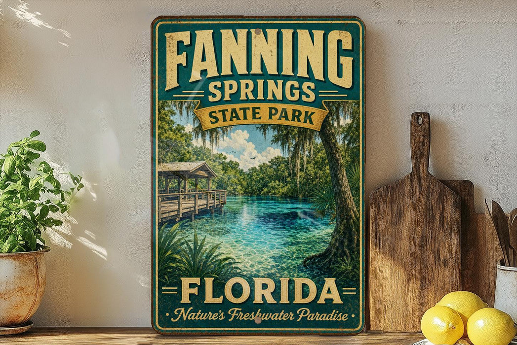 A vintage-style sign for Fannin Springs State Park in Florida, featuring a scenic image of a river surrounded by lush greenery and a wooden bridge.