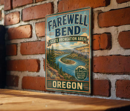 a vintage-style sign for Farewell Bend, a state recreation area in Oregon, mounted on a brick wall.