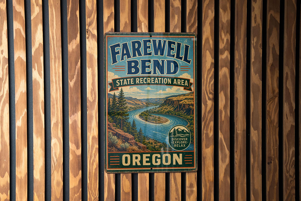 a vintage-style sign for the Farewell Bend State Recreation Area in Oregon, hanging on a wooden wall.