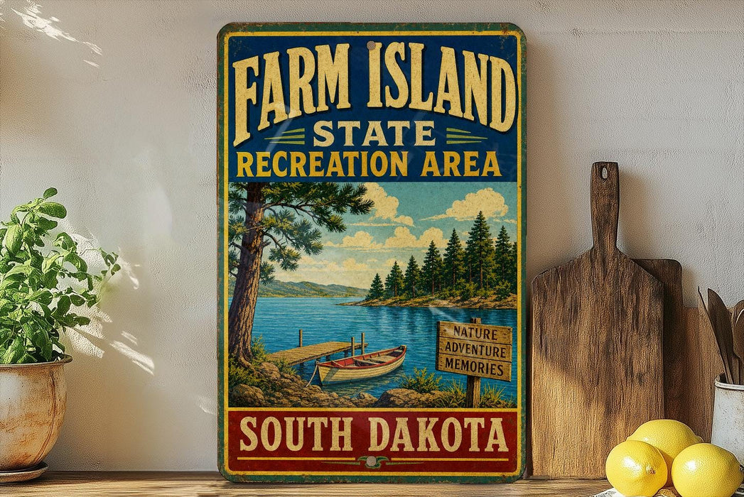 A vintage-style sign for Farm Island State Recreation Area in South Dakota, featuring a scenic image of a lake, pine trees, and a dock.