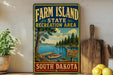 A vintage-style sign for Farm Island State Recreation Area in South Dakota, featuring a scenic image of a lake, pine trees, and a dock.