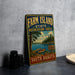 A vintage-style sign for Farm Island State Recreation Area in South Dakota, featuring a scenic illustration of a lake, pine trees, and a boat.