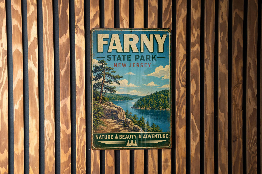 a vintage metal sign for Farny State Park in New Jersey, with a scenic landscape depicting a river, forest, and mountains.