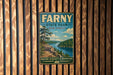 a vintage metal sign for Farny State Park in New Jersey, with a scenic landscape depicting a river, forest, and mountains.