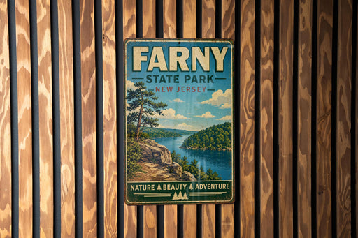 a vintage metal sign for Farny State Park in New Jersey, with a scenic landscape depicting a river, forest, and mountains.