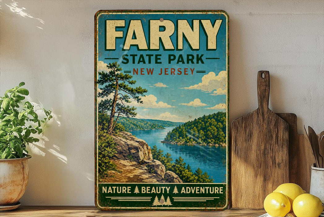 a vintage-style sign for Farny State Park in New Jersey, with a scenic landscape depicting a river and mountains.
