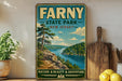 a vintage-style sign for Farny State Park in New Jersey, with a scenic landscape depicting a river and mountains.
