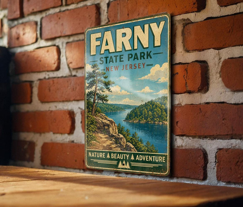 a vintage-style metal sign for Farchy State Park in New Jersey, depicting a scenic landscape with a lake and mountains.