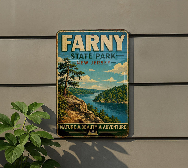 a vintage metal sign for Farny State Park in New Jersey, depicting a scenic landscape with a river, mountains, and trees.