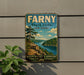 a vintage metal sign for Farny State Park in New Jersey, depicting a scenic landscape with a river, mountains, and trees.