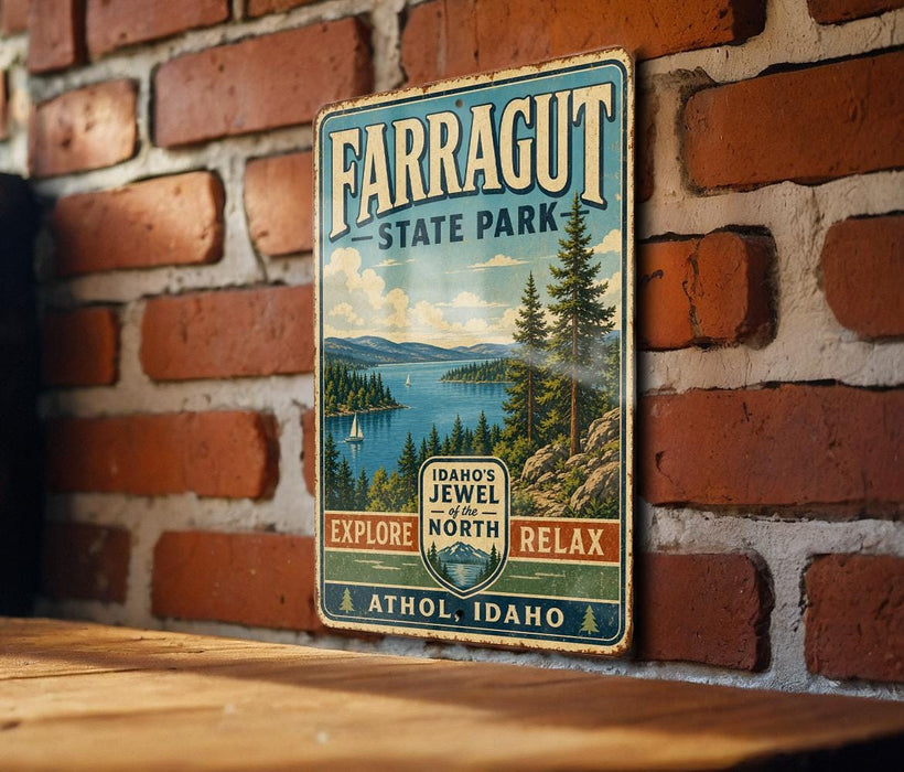 A vintage metal sign for Farragut State Park, featuring a scenic landscape with pine trees, a lake, and mountains.