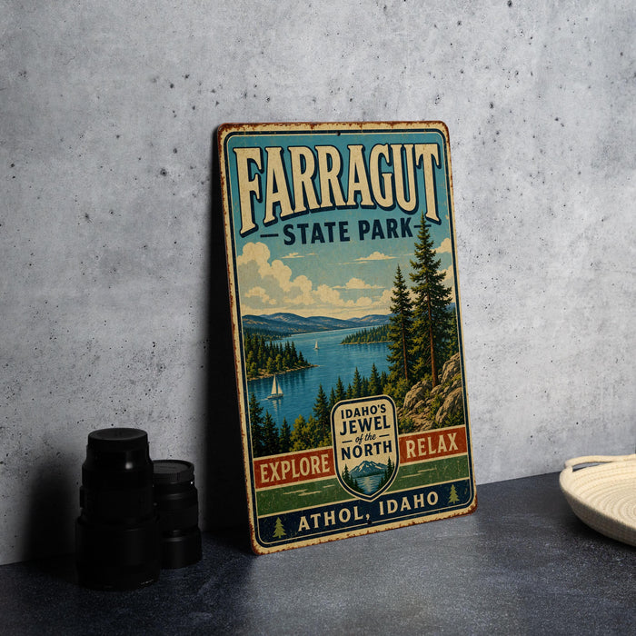 a vintage-style metal sign for Farragut State Park, with a scenic landscape of pine trees, a lake, and mountains in the background.